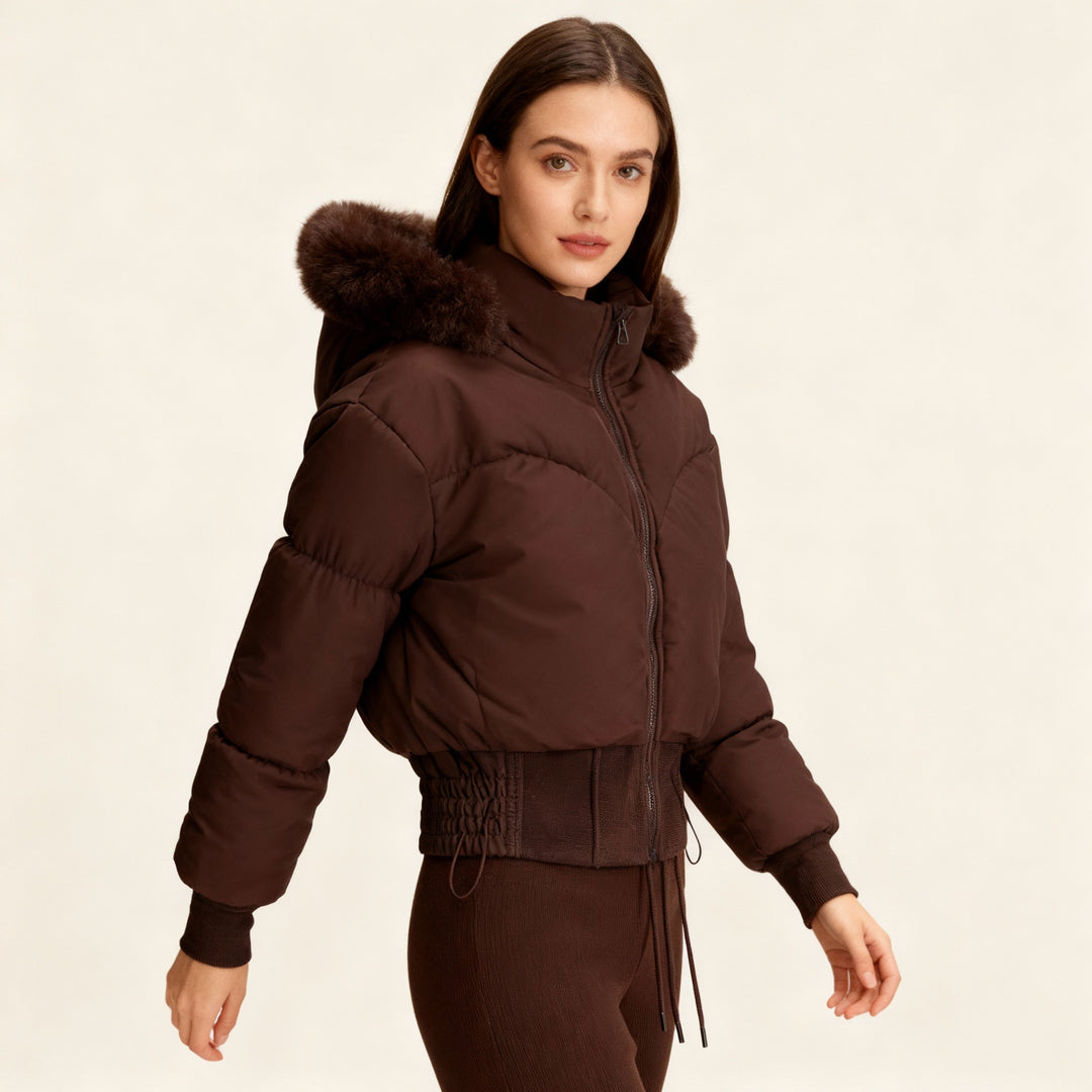 | Dam Cropped Ner Jacka med avtagbar huva och Fusk Päls Trim