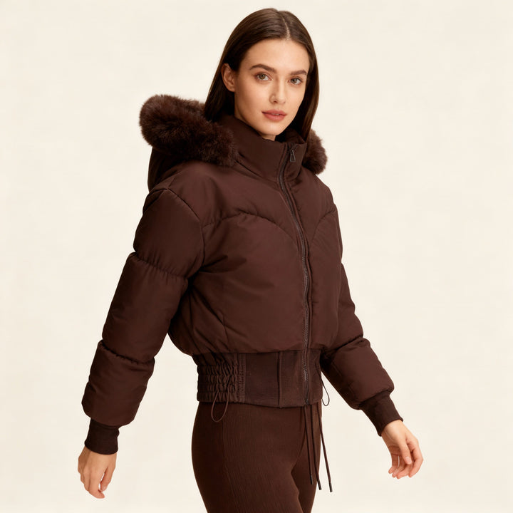 | Dam Cropped Ner Jacka med avtagbar huva och Fusk Päls Trim