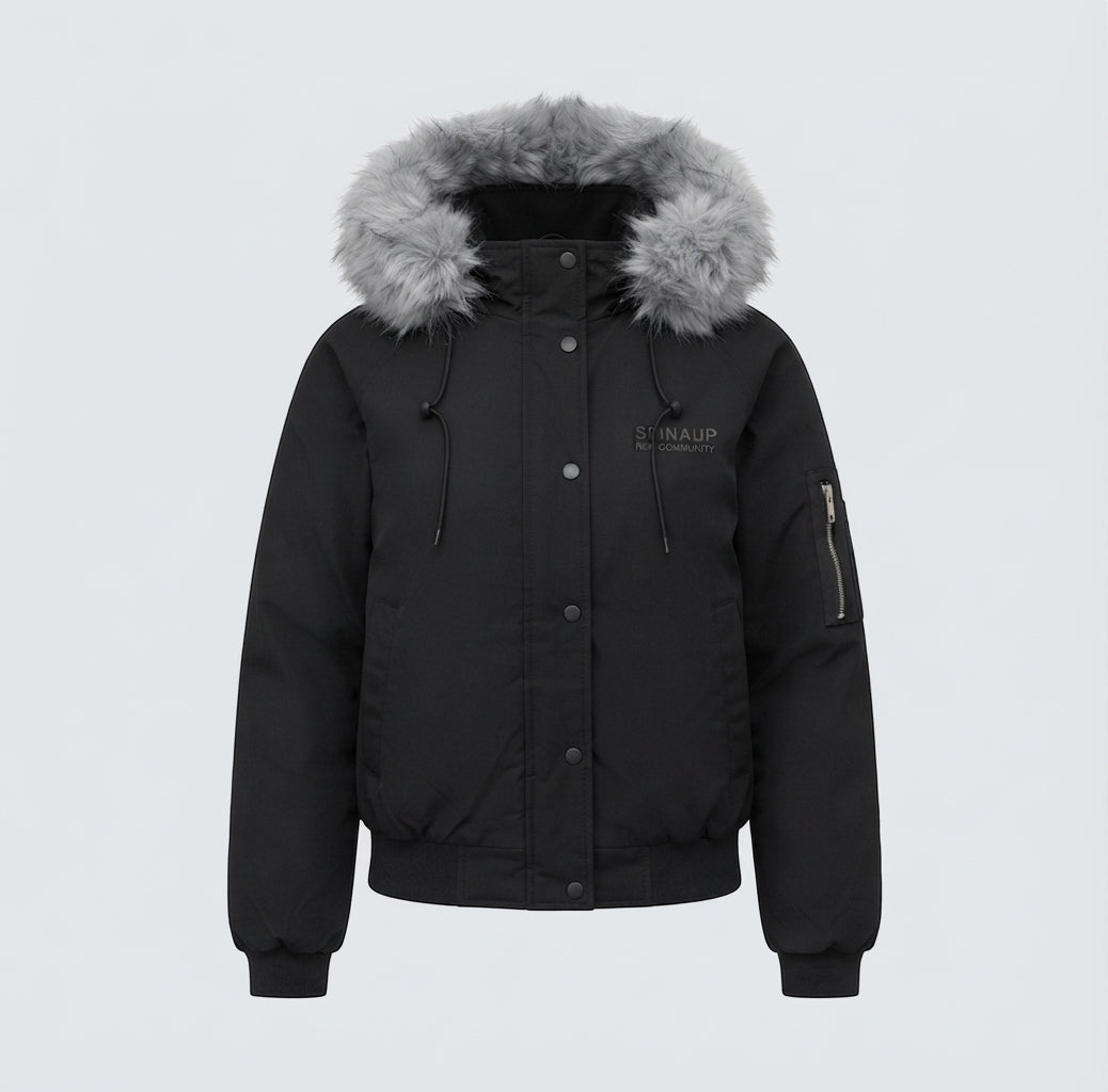 Dam Kort Quiltad Stad Bomber med Voluminous Huva, Drawstring, och Vindtät Termisk Foder