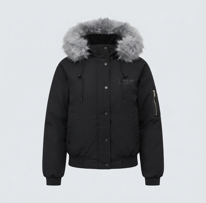Dam Kort Quiltad Stad Bomber med Voluminous Huva, Drawstring, och Vindtät Termisk Foder