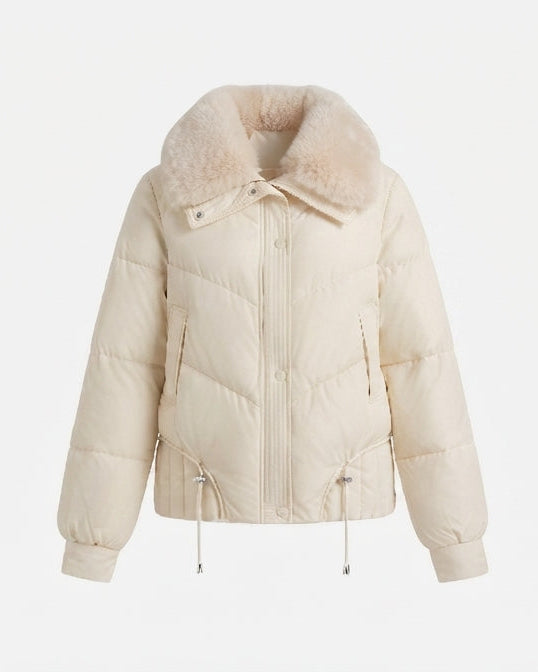 Dam Kort Boxig Puffer med Extra-Mjuk Shawl Krage i Faux Fur Look och Justerbar Nederkant