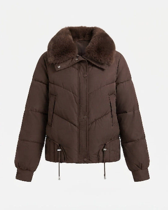 Dam Kort Boxig Puffer med Extra-Mjuk Shawl Krage i Faux Fur Look och Justerbar Nederkant