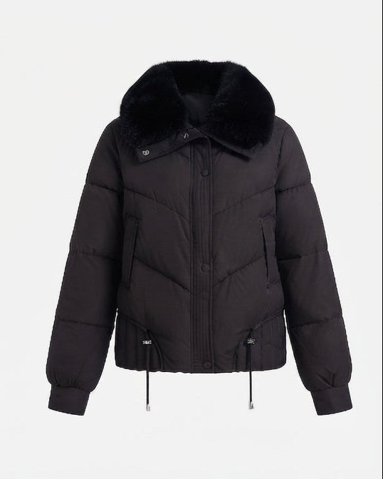 Dam Kort Boxig Puffer med Extra-Mjuk Shawl Krage i Faux Fur Look och Justerbar Nederkant
