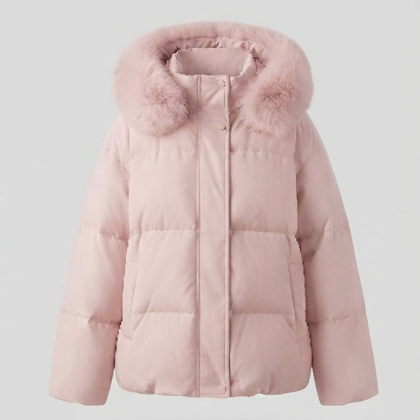 Dam Quiltad Kort Parka med Voluminous Huva Kant i Faux Fur Look och Extra Wide Ärmar