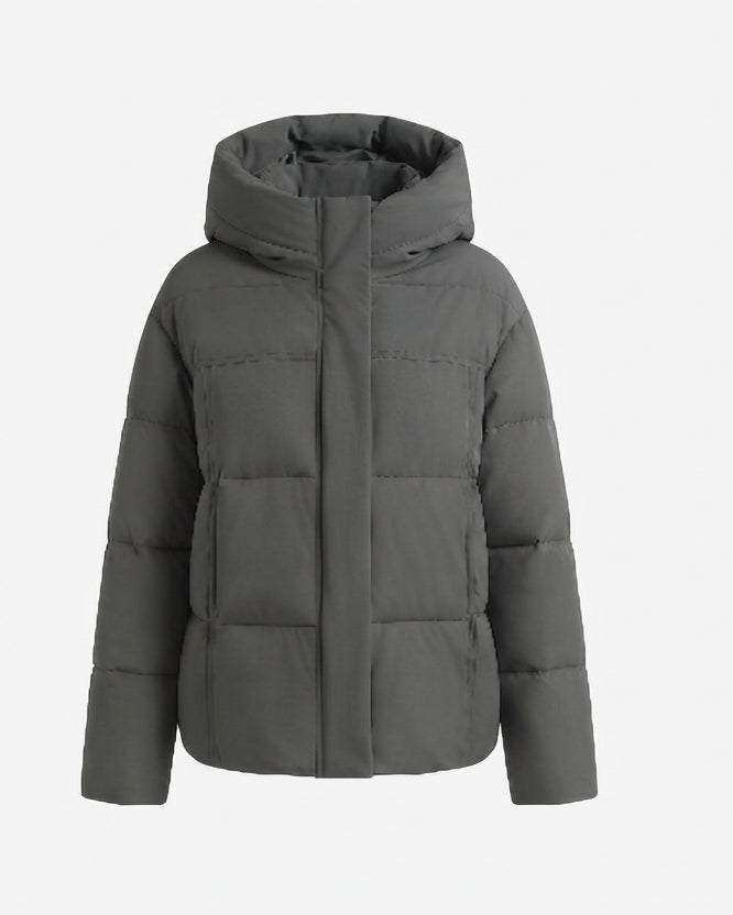 Dam kort boxy kviltad puffer med integrated huva och sido zip fickor