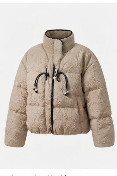 Dam Kort Quiltad Vadderad Jacka med Hög Standing Krage, Textured Structure, och Dekorativ Drawstrings