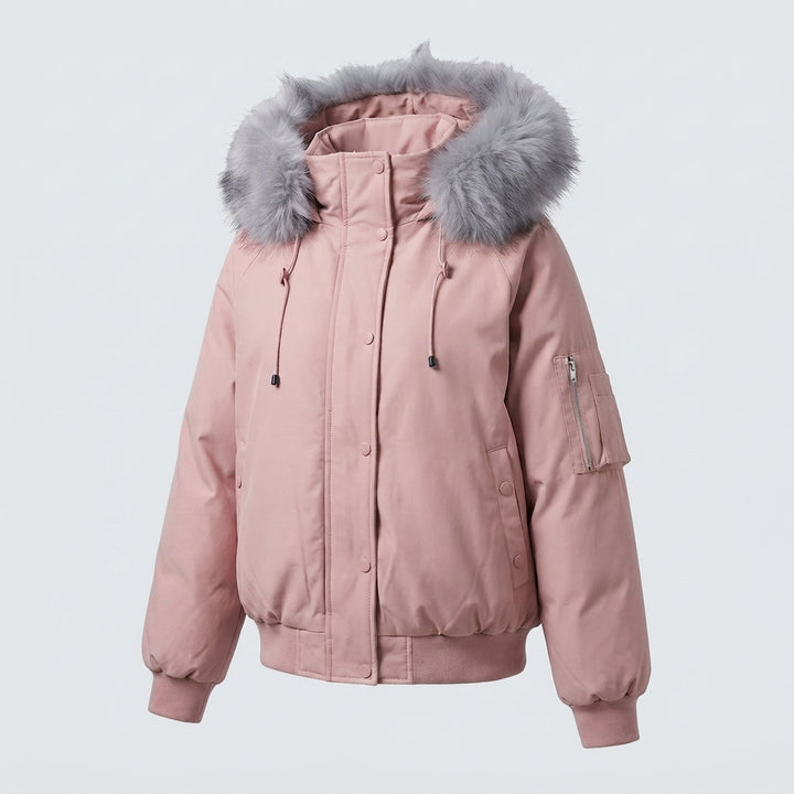 Dam Kort Quiltad Stad Bomber med Voluminous Huva, Drawstring, och Vindtät Termisk Foder