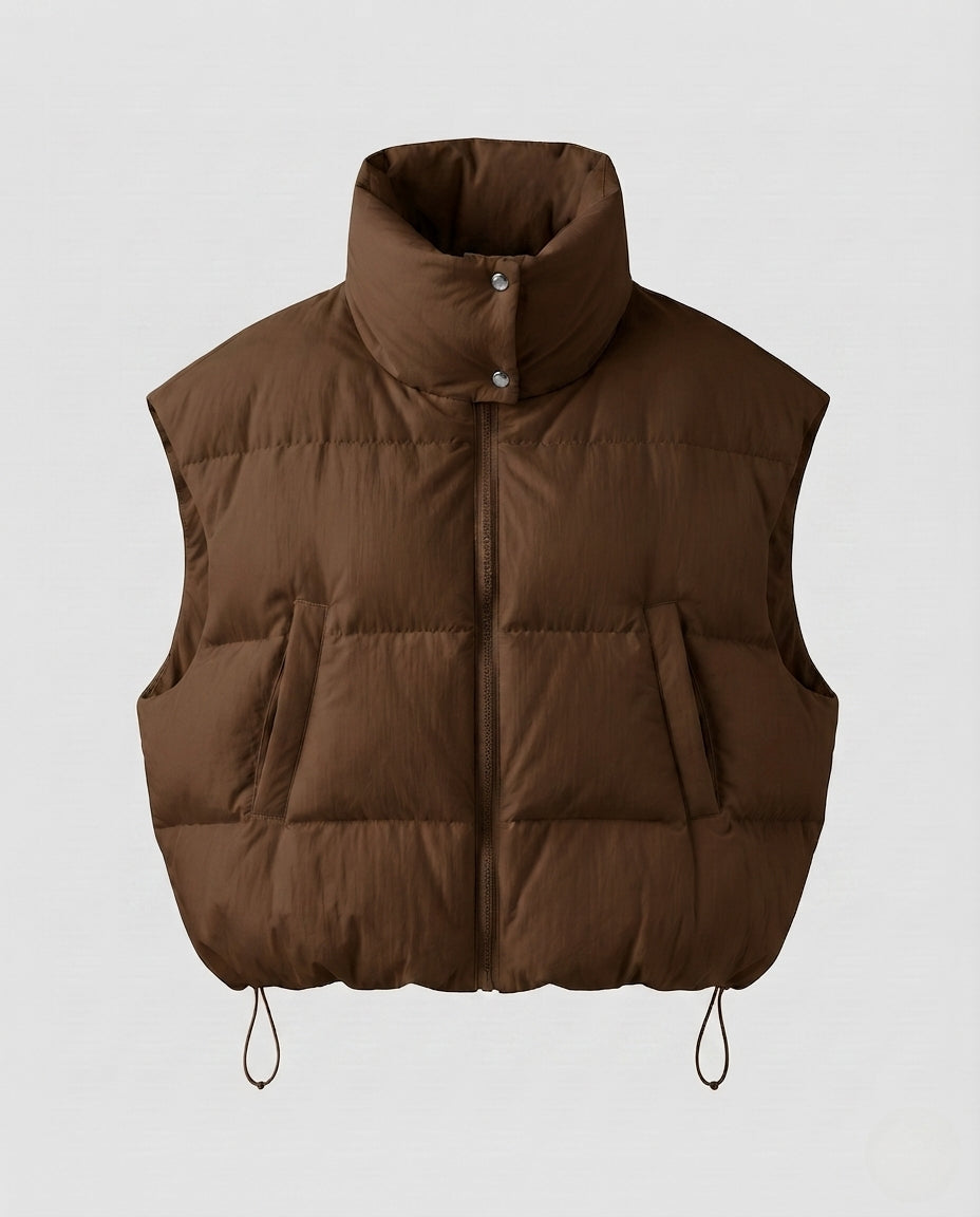 Dam Kort Vadderad Sleeveless Puffer Väst med Extra Hög Standing Krage och Drawstring Nederkant