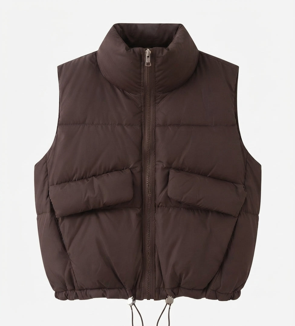 Dam Kort Vadderad Quiltad Väst med Hög Stå Krage, Two Patch Lock Fickor och Justerbar Drawstring Nederkant