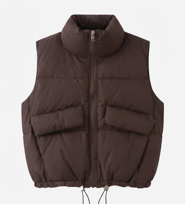 Dam Kort Vadderad Quiltad Väst med Hög Stå Krage, Two Patch Lock Fickor och Justerbar Drawstring Nederkant