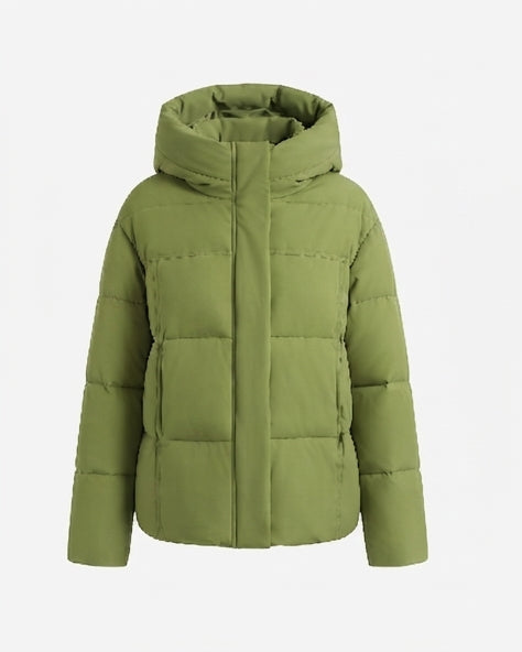 Dam kort boxy kviltad puffer med integrated huva och sido zip fickor