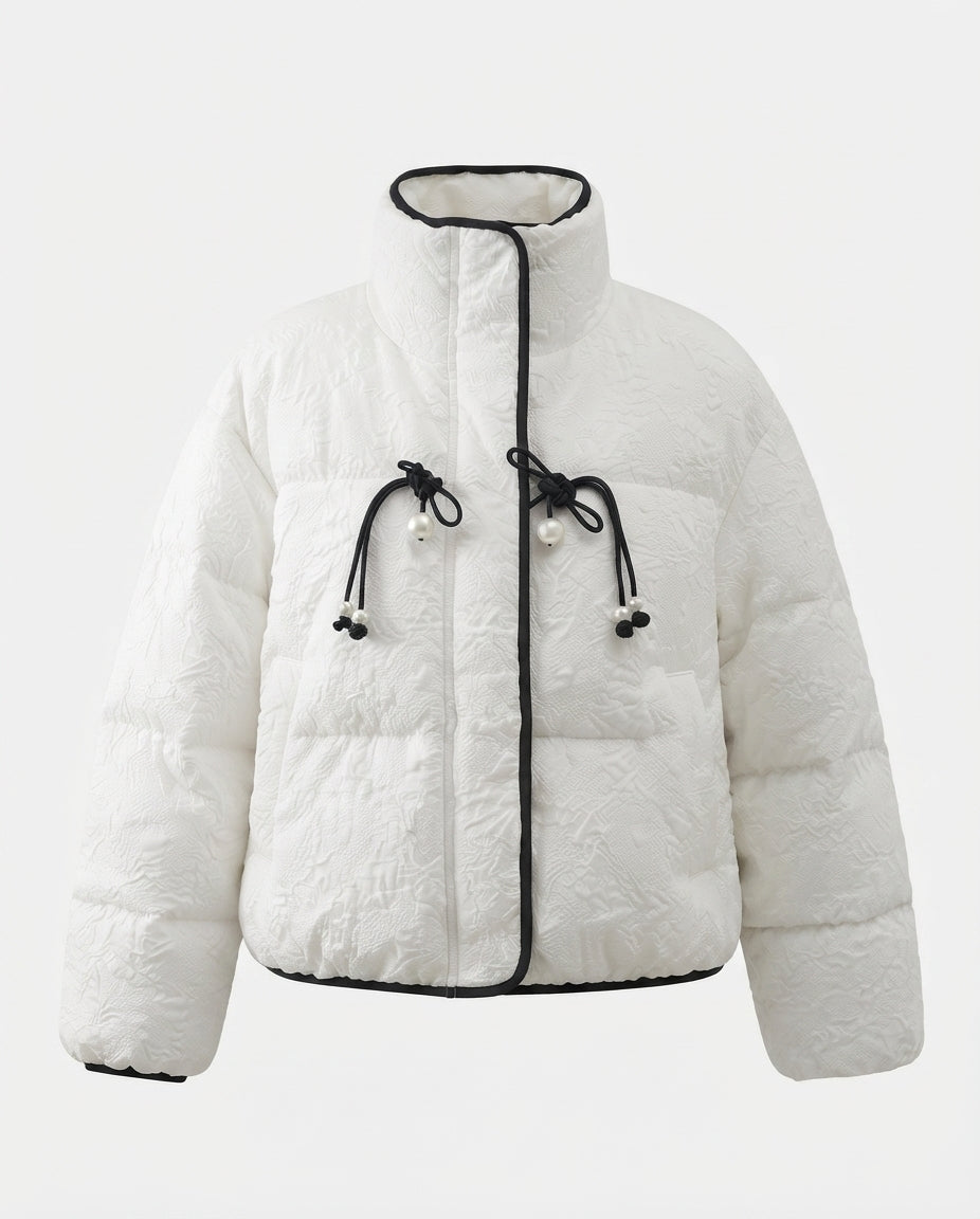 Dam Kort Quiltad Vadderad Jacka med Hög Standing Krage, Textured Structure, och Dekorativ Drawstrings
