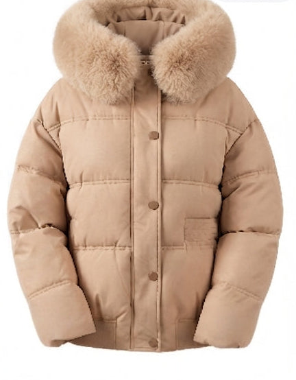 Dam Kort Boxig Quiltad Jacka med Avtagbar Faux Fur Kant, Hög Krage, och Dold Tryckknapp Knapp och Dragkedja