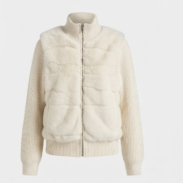 Dam Kort Kofta med Contrasting Faux Fur Front, Dragkedja och Hög Stå Krage