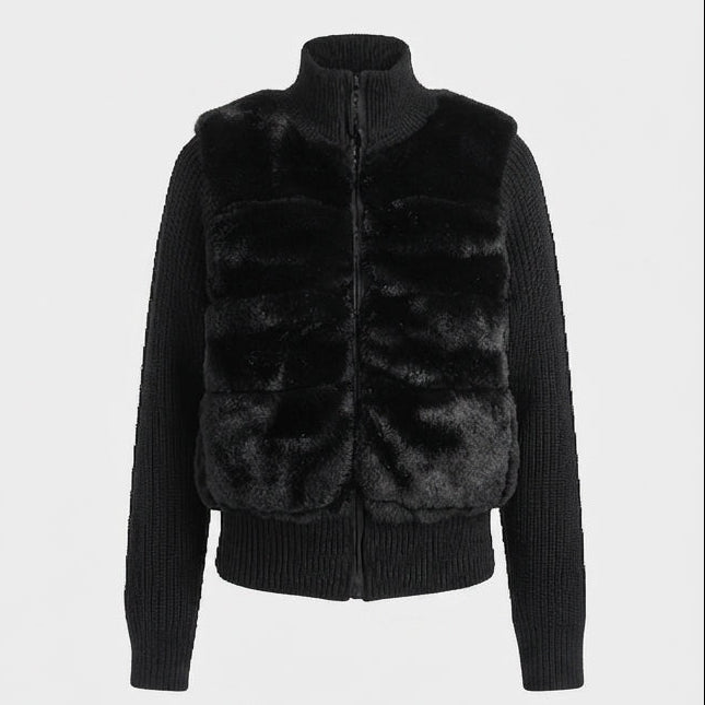 Dam Kort Kofta med Contrasting Faux Fur Front, Dragkedja och Hög Stå Krage