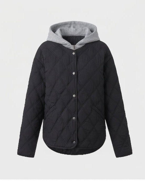 Dam Kort Quiltad Blouson med Fine Diamant Quilting, Huva Foder, och Värmande Termisk Padding.