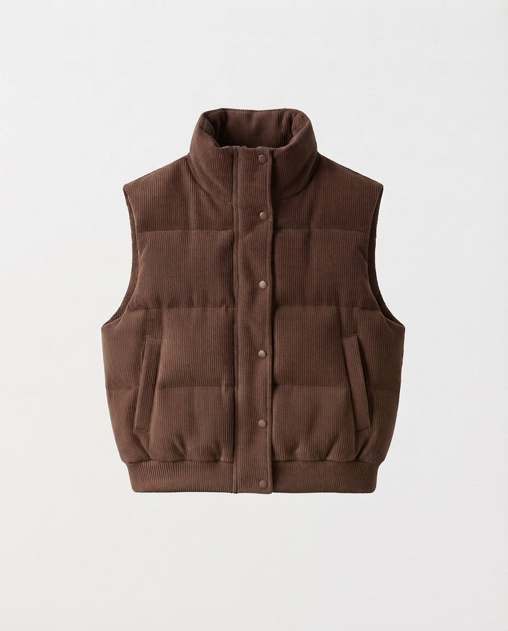 Dam Kort Corduroy Quiltad Väst med Hög Shawl Krage och Press Stud Knäppning