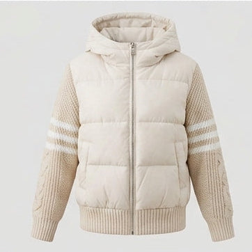 Dam Hybrid Quiltad Jacka med Vadderad Front, Stickad Ärmar och Huva