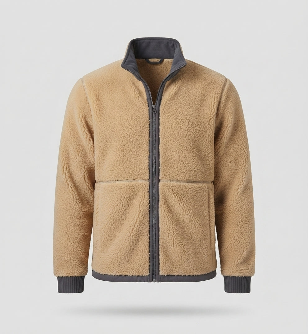 Herr termo fleece jacka med Sherpa foder, hög ståkrage och dold dragkedja fickor
