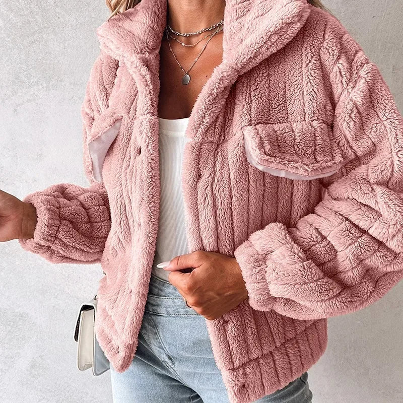 | Dam Teddy Jacka med oversize Passform och Fold-Down Krage