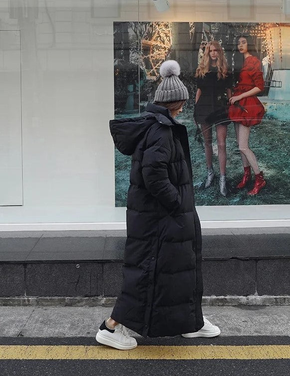 | Lång quiltad Puffer Damjacka med huva