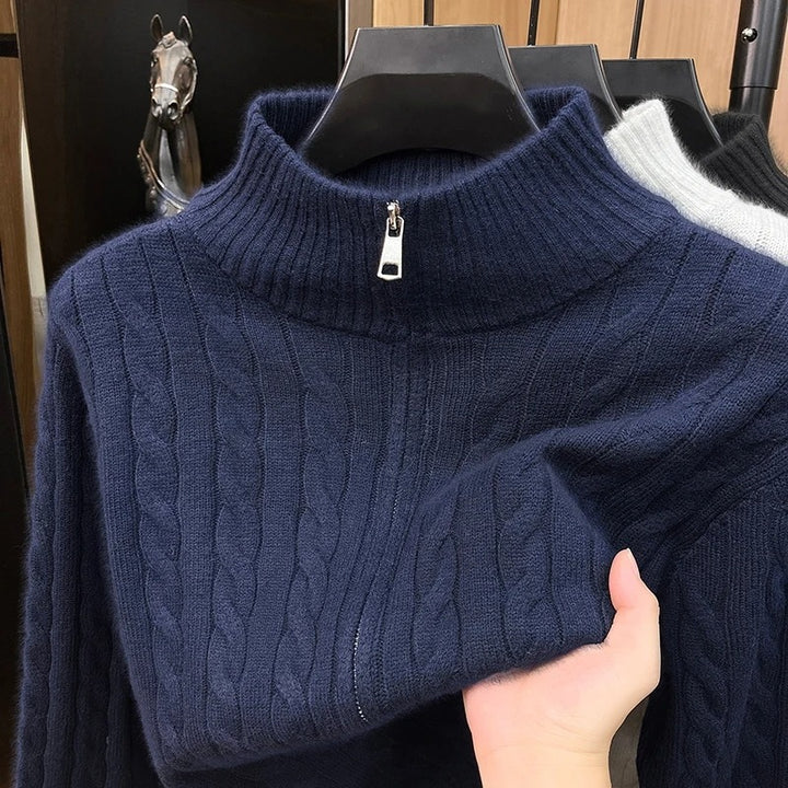 Herr Chunky Stickad med Dragkedja Cardigan med Cable Mönster, Ståkrage och Oversized Skärning