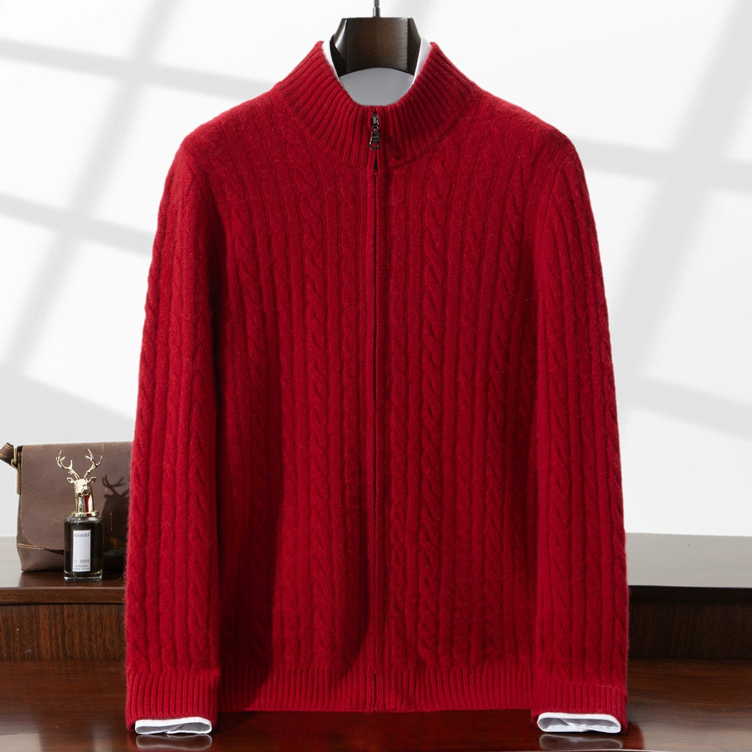 Herr Chunky Stickad med Dragkedja Cardigan med Cable Mönster, Ståkrage och Oversized Skärning