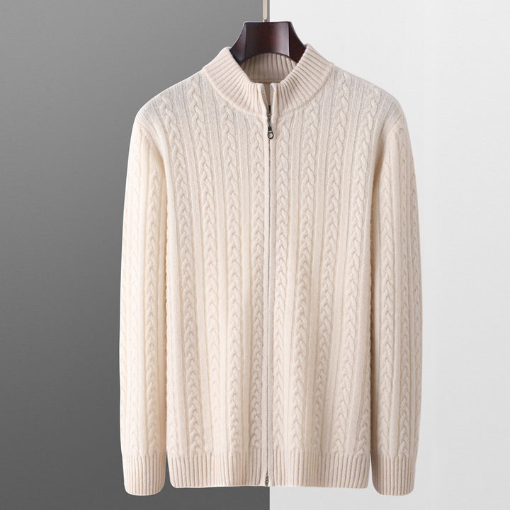 Herr Chunky Stickad med Dragkedja Cardigan med Cable Mönster, Ståkrage och Oversized Skärning