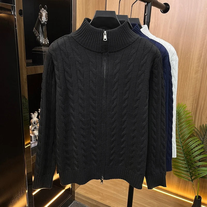 Herr Chunky Stickad med Dragkedja Cardigan med Cable Mönster, Ståkrage och Oversized Skärning