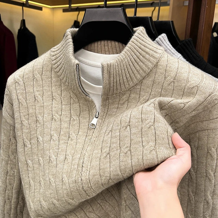 Herr Chunky Stickad med Dragkedja Cardigan med Cable Mönster, Ståkrage och Oversized Skärning
