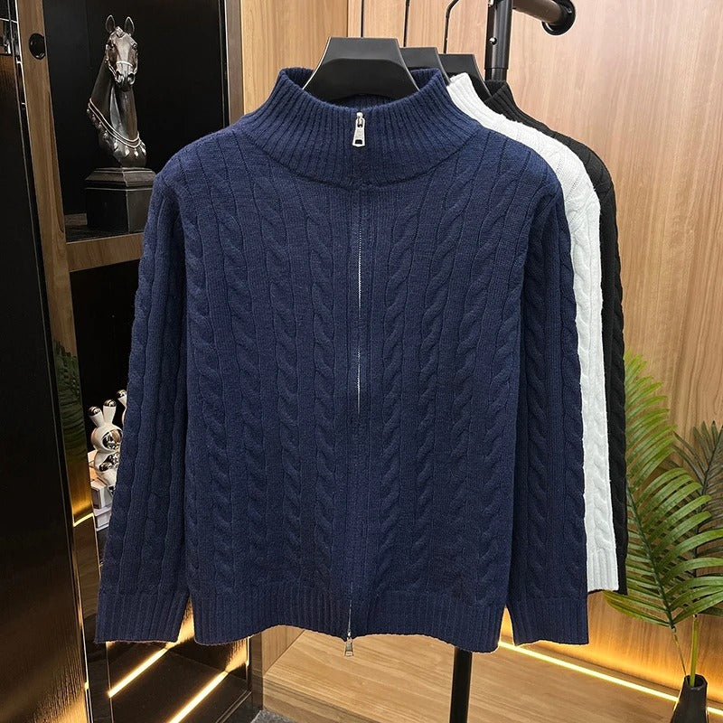Herr Chunky Stickad med Dragkedja Cardigan med Cable Mönster, Ståkrage och Oversized Skärning