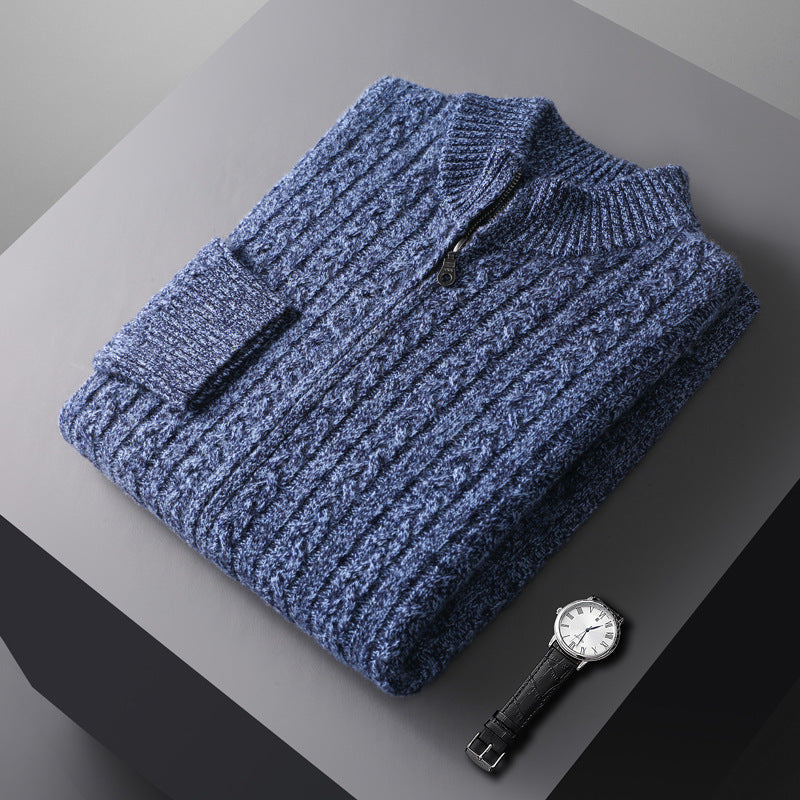 Herr Chunky Stickad med Dragkedja Cardigan med Cable Mönster, Ståkrage och Oversized Skärning