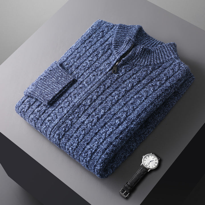 Herr Chunky Stickad med Dragkedja Cardigan med Cable Mönster, Ståkrage och Oversized Skärning