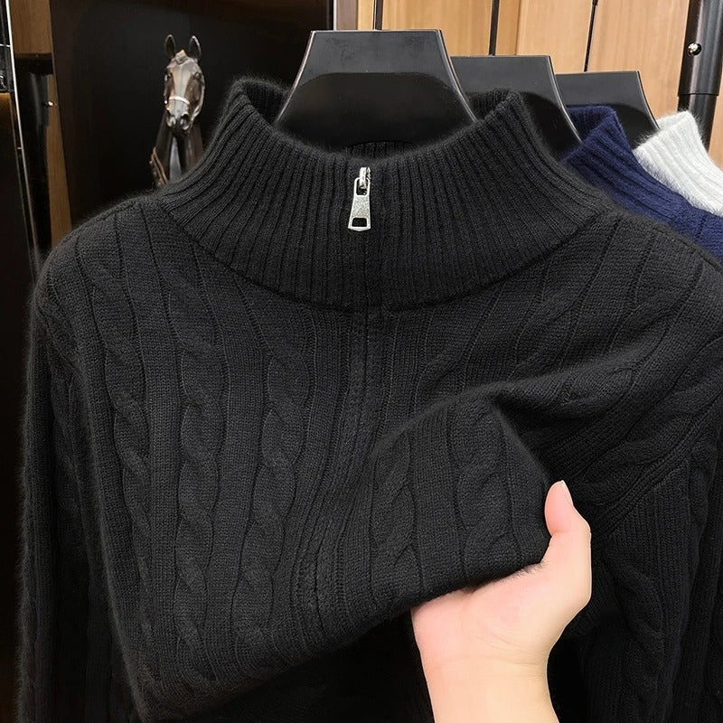Herr Chunky Stickad med Dragkedja Cardigan med Cable Mönster, Ståkrage och Oversized Skärning