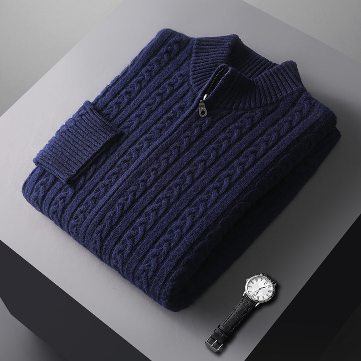 Herr Chunky Stickad med Dragkedja Cardigan med Cable Mönster, Ståkrage och Oversized Skärning