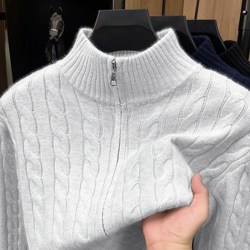 Herr Chunky Stickad med Dragkedja Cardigan med Cable Mönster, Ståkrage och Oversized Skärning