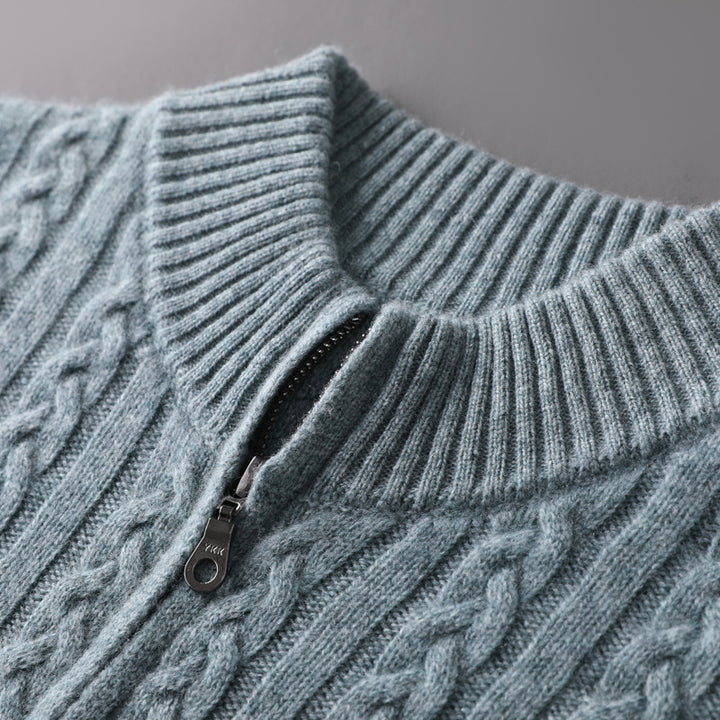 Herr Chunky Stickad med Dragkedja Cardigan med Cable Mönster, Ståkrage och Oversized Skärning