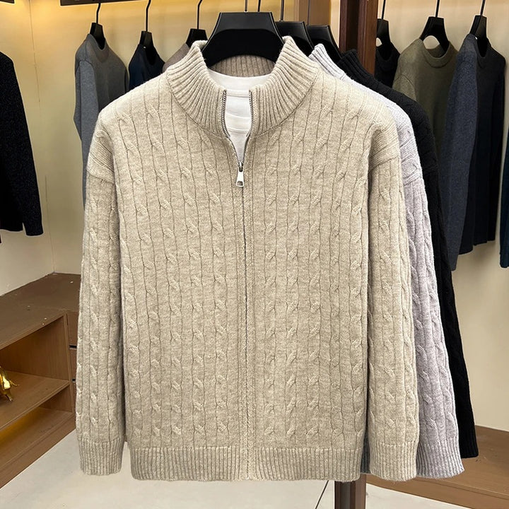 Herr Chunky Stickad med Dragkedja Cardigan med Cable Mönster, Ståkrage och Oversized Skärning