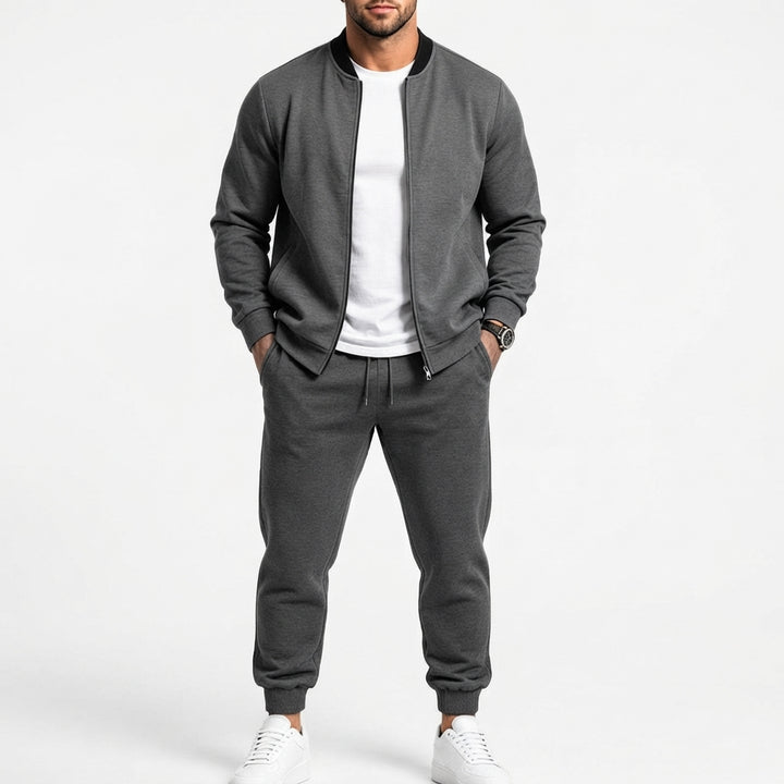 Herr Sweat Set Gjord av Mjuk Sweat Fabric med Bomber Jacka och Tapered Jogging Byxor