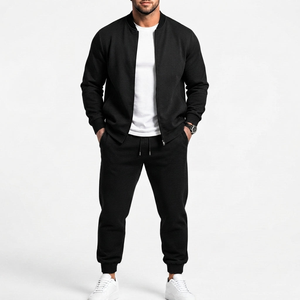 Herr Sweat Set Gjord av Mjuk Sweat Fabric med Bomber Jacka och Tapered Jogging Byxor