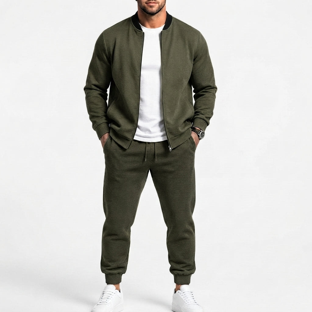 Herr Sweat Set Gjord av Mjuk Sweat Fabric med Bomber Jacka och Tapered Jogging Byxor