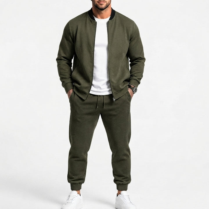 Herr Sweat Set Gjord av Mjuk Sweat Fabric med Bomber Jacka och Tapered Jogging Byxor