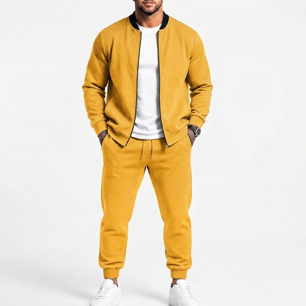 Herr Sweat Set Gjord av Mjuk Sweat Fabric med Bomber Jacka och Tapered Jogging Byxor
