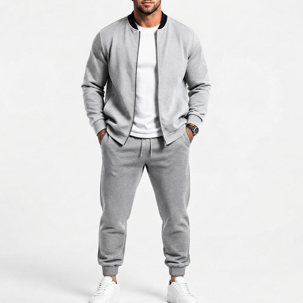 Herr Sweat Set Gjord av Mjuk Sweat Fabric med Bomber Jacka och Tapered Jogging Byxor