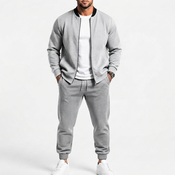 Herr Sweat Set Gjord av Mjuk Sweat Fabric med Bomber Jacka och Tapered Jogging Byxor