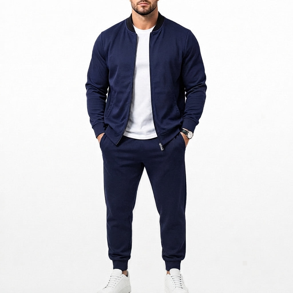 Herr Sweat Set Gjord av Mjuk Sweat Fabric med Bomber Jacka och Tapered Jogging Byxor