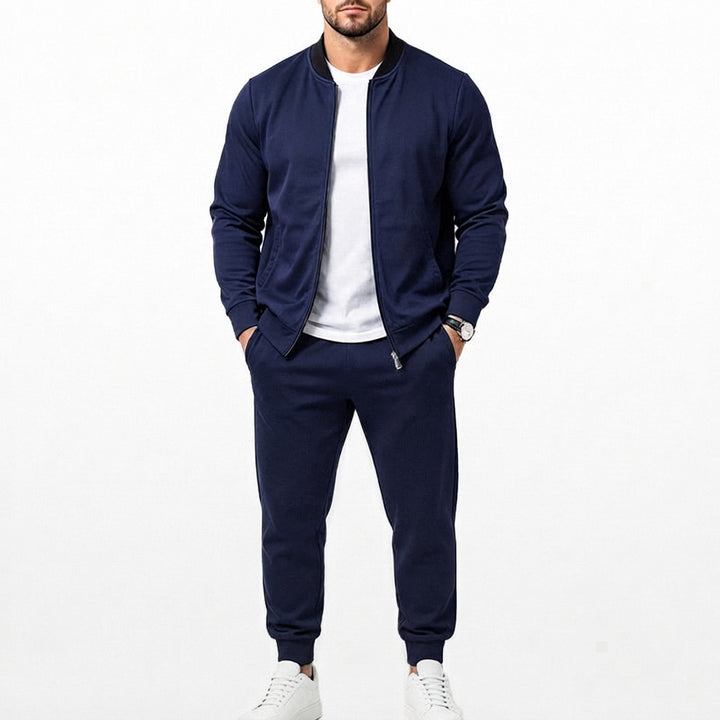 Herr Sweat Set Gjord av Mjuk Sweat Fabric med Bomber Jacka och Tapered Jogging Byxor