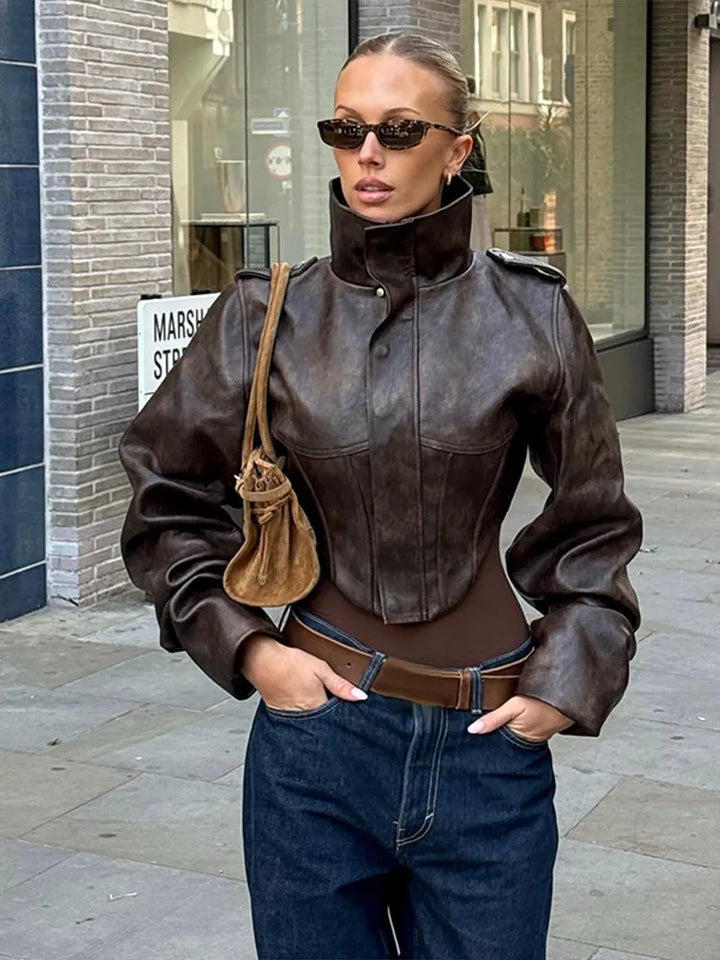 | fuskläder jacka - modeable cropped bikerjacka med balloon ärmar &amp; stilren design