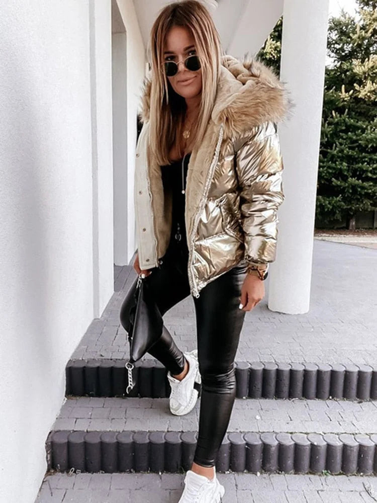 Dam Metallic Pufferjacka med Huva och Fur Krage