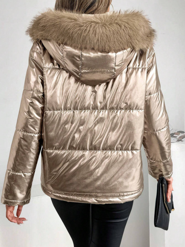 Dam Metallic Pufferjacka med Huva och Fur Krage